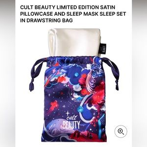 Cult Beauty Satin Pillowcase and Sleep Mask Set in drawstring bag